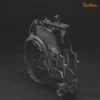 A folded, lightweight Feather Light 18 Wheelchair on a dark background showcases a sleek black metal and fabric design, with Feather in orange text at the top right corner.