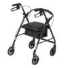 The R726 is a black, four-wheeled walker equipped with handlebars and brakes. It offers a padded seat and has a storage pouch underneath, perfect for mobility assistance.
