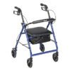 The R726 is a blue mobility walker with four wheels, a padded seat, storage pouch beneath the seat, two hand brakes, and a supportive backrest.