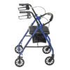 The R726 is a blue folding walker featuring four wheels, a padded seat, and a black storage bag. It includes two brake-equipped handles for mobility assistance.