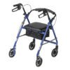The R726 is a blue walker featuring four wheels, a cushioned seat, black handles with brakes, and a storage pouch under the seat.