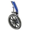 Close-up of a black and gray wheel connected to the blue metal frame of an R726, featuring a visible spring and black lever mechanism, suggesting its part of mobility equipment.