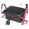 The R726 is a red mobility walker featuring a black cushioned seat, an under-seat storage bag, and four wheels for enhanced support and stability.