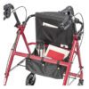 The R726 is a red folding walker with four wheels and hand brakes, featuring a black storage pouch for a stainless steel travel mug, a red folder, and a smartphone. A book fits in the backrest pocket.