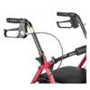 Close-up of the R726 mobility walkers brake handles. The image displays its red frame, black ergonomic handles, brake levers, and a glimpse of the seat against a white background.