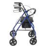The R728BL is a blue walker featuring four wheels, a padded seat, hand brakes, and a small black storage pouch beneath the seat. Its sturdy and functional design provides excellent mobility assistance.