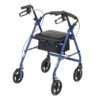 The R728BL is a blue four-wheeled walker that includes a black seat and a storage pouch beneath. It features ergonomic handles and two hand brakes, providing excellent mobility assistance.