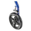 Close-up of the R728BL wheel attached to a blue frame, showcasing a star-shaped spoke design and a small spring mechanism above.