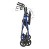 The R728BL is a lightweight, collapsible blue walker with four wheels, shown folded for easy storage and transportation. It features ergonomic handles and hand brakes, designed to assist with mobility.