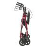 The folded R728BL red walker stands upright on four black wheels with handles, brakes, and a side-visible seat, highlighting its compact and collapsible design.