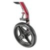 Close-up of the black, three-spoked wheel attached to the glossy red frame of the R728BL, featuring a spring-loaded mechanism above the wheel on the frame.