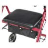 A close-up of the R728BL model shows a red walker boasting a sturdy frame with metal support bars, a black padded seat, and an under-seat storage pouch. It features four wheels, with two visible in the image.