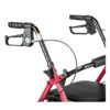 Close-up image of a red mobility walker, Product R728BL, featuring black handlebars with brakes. The black seat and folded handlebars emphasize its collapsible design for easy transport.
