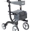 The Nitro Rollator Tall Adult is a black and gray rolling walker with four wheels, a storage pouch beneath the seat, the drive logo on the backrest, and curved handlebars for support.