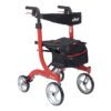 The Nitro Rollator Tall Adult is a red rollator walker with four wheels, ergonomic hand grips, a mesh bag under the seat, and a backrest labeled drive.
