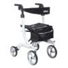 A white Nitro Rollator Tall Adult features four wheels, a black padded seat, a mesh storage bag underneath, adjustable handles, and the brand name Drive on the backrest.