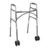 The Folding Bariatric Walker with 5 Wheels is a lightweight, silver mobility aid featuring two front wheels and rubber-tipped back legs. It offers adjustable height settings and padded hand grips for comfort and stability during walking support.