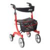 The Nitro Rollator Tall Adult is a red and black four-wheeled walker with a seat, storage basket, handlebar brakes, and drive on the backrest, ideal for mobility assistance.