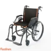 The Feather Light 18 Wheelchair is a lightweight black chair with orange accents, armrests, footrests, and large rear wheels. The Feather brand logo appears in orange at the bottom left. Its set against a white background.