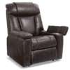 The Golden Technologies®️ Rhea PR 442 is a brown leather recliner with plush cushions and a cup holder. Lifting the armrest reveals hidden storage space, designed for ultimate comfort and relaxation.
