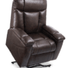 The Golden Technologies®️ Rhea PR 442 is a brown leather recliner with thick padding, a high backrest, armrests, and a semi-reclined position. It features a metal base for support and height adjustment.