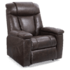The Golden Technologies®️ Rhea PR 442 is a brown leather recliner chair featuring plush padding, armrests, and a high backrest, isolated on a white background.
