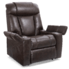 The Golden Technologies®️ Rhea PR 442 is a dark brown leather recliner chair featuring padded armrests, dual cup holders, a high back, and a plush appearance for comfortable seating.