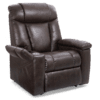 The Golden Technologies®️ Rhea PR 442 is a modern dark brown leather recliner with plush cushions, wide armrests, and a built-in cup holder on the right armrest, offering exceptional comfort for relaxation.