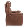 A side profile view of the Golden Technologies®️ Rhea PR 442, a brown leather recliner chair featuring cushioned armrests and a thick headrest, set against a white background.