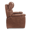 Side view of the Golden Technologies®️ Rhea PR 442, a brown leather recliner with plush cushioning and visible stitching. The armrests and headrest look comfortable and well-padded, perfect for lounging. It is displayed in an upright position.