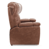 Side view of the Golden Technologies®️ Rhea PR 442, a modern brown leather recliner with plush cushioning and adjustable headrest positions.