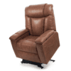 The Golden Technologies®️ Rhea PR 442 is a brown leather recliner chair with padded armrests, a high backrest, and a side pocket. It is displayed upright on a white background.