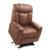 The Golden Technologies®️ Rhea PR 442 is a modern brown leather recliner chair showcased against a white background, featuring padded headrests, armrests, and an extendable footrest when reclined.