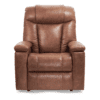 The Golden Technologies®️ Rhea PR 442 brown leather recliner is displayed against a white background. It has plush padding and armrests for comfort, with a smooth leather finish enhancing its classic and inviting look.