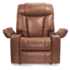 The Golden Technologies®️ Rhea PR 442 is a brown leather recliner chair featuring padded armrests, an integrated cup holder on each side, a high back, and a footrest to offer exceptional comfort and functionality.