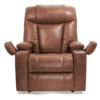 The Golden Technologies®️ Rhea PR 442 is a brown leather recliner with a high backrest and cushioned armrests. Featuring built-in cup holders, it offers comfortable seating, and the leather has a smooth, slightly glossy finish.