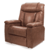 The Golden Technologies® Rhea PR 442 is a plush brown leather recliner chair, featuring padded armrests and a high backrest, angled against a white background.