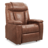 The Golden Technologies®️ Rhea PR 442 is a plush brown leather recliner chair featuring padded armrests, a high backrest, and a reclining mechanism for ultimate relaxation. Its sturdy base ensures stability, making it perfect for leisure.