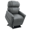 The Golden Technologies®️ Comforter with ZG+ PR 545 is a grey recliner featuring a high back, soft cushioned armrests, and a partially reclined position supported by a black metal base.