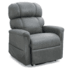 The Golden Technologies® Comforter with ZG+ PR 545 is a plush, gray recliner chair featuring a high backrest and cushioned armrests. Its sleek, modern design offers comfort, making it ideal for a living room or home theater setup.