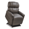 The Golden Technologies®️ Comforter with ZG+ PR 545 is displayed in a raised position, showcasing its lift functionality. Set against a plain white background, the brown leather recliner chair with plush cushions highlights its elegant design and features.