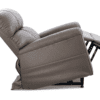 A side view of a Golden Technologies®️ Comforter with ZG+ PR 545, a brown, cushioned recliner chair fully extended with the footrest raised, set against a white background.