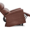 The Golden Technologies®️ Comforter with ZG+ PR 545 recliner is fully extended, featuring plush cushioning and a footrest for comfort and relaxation, complete with a smooth, leather-like texture.