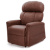 The Golden Technologies®️ Comforter with ZG+ PR 545 is a brown leather recliner chair featuring plush cushions, a high backrest, padded armrests, and a modern design, set against a plain white background.