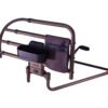 The Freedom Click Extendable Bed Rail is a metal safety rail featuring an attached black cup holder and brown pouch, designed to assist with getting in and out of bed while providing added safety.