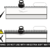 Diagram illustrating a weight on two mattresses. The top image, with a firm mattress, shows a check mark for minimal sagging. The bottom image, with an extra soft mattress, displays an X and warning sign for significant sagging. Warning: Do not use Freedom Click Extendable Bed Rail with an extra soft mattress.