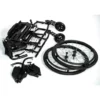 A disassembled Feather Light 18 Wheelchair in black, featuring removable wheels, footrests, and armrests, is neatly arranged on a white background.