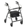 The R726 is a black, four-wheeled walker featuring a padded seat, storage pouch underneath, and hand brakes on the handles.