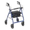 The R728BL is a blue rollator walker featuring a black seat and bag, four wheels, and hand brakes on the handles.