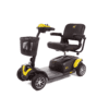The Golden 4 Wheel Buzzaround EX mobility scooter features a comfortable seat, armrests, a front basket, and four wheels in yellow and black for easy, stable transportation for those with mobility challenges.